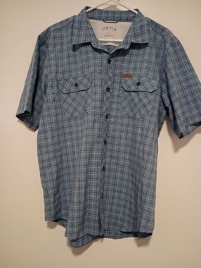 Orvis  Blue Plaid Short Sleeve Button-Down Shirt Mens Size L